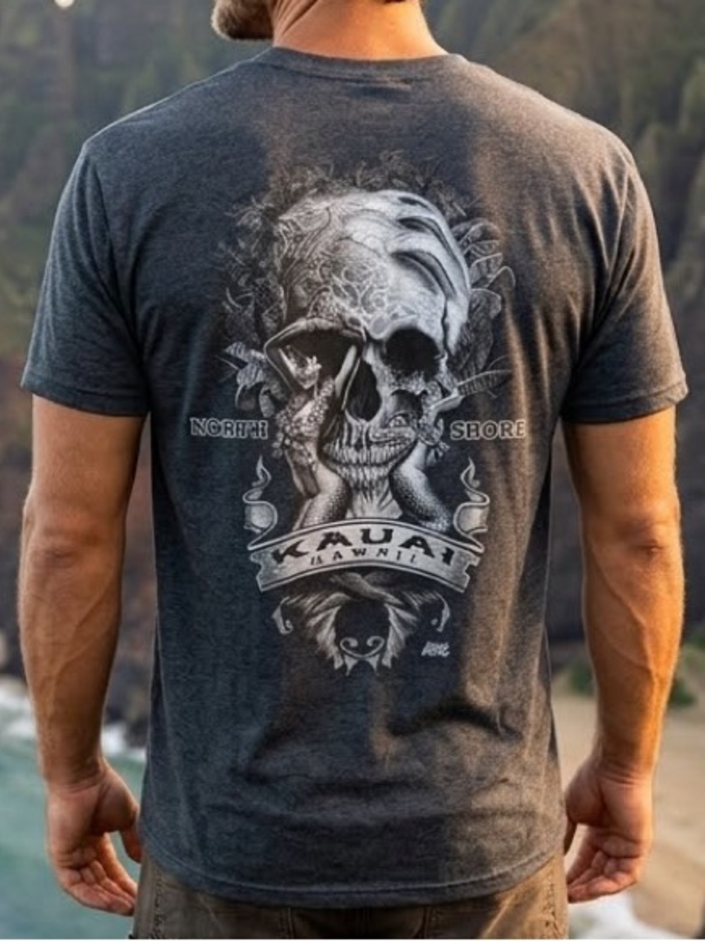 Kauai Hawaii Men's Graphic T-Shirt Grey Skulls Size XL